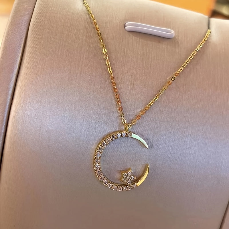 Elegant Minimalist Crescent Moon & Star Pendant Necklace - Sparkling Clavicle Chain Jewelry for Women, Versatile Dainty Design for Daily Wear, Music Festivals & Valentine’s Day Gifts, Valentine's Gift | Cute Clavicle Chain